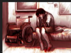 Rule 34 | 1boy, bandaged arm, bandages, black hair, blanket, blood, blood on feet, blood on ground, bloody bandages, color filter, commentary, cry of fear, english commentary, face in hands, full body, half-life (series), head down, highres, hospital, implied injury, messy hair, multiple monochrome, on bed, phone, photo (object), red theme, risuniya, shirt, short hair, shorts, simon henriksson, sitting, socks, solo, stitched leg, stitches, t-shirt, wheelchair