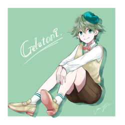 Rule 34 | animal ear fluff, animal ears, animification, beret, bow, cat ears, character name, closed mouth, duffy and friends, full body, gelatoni, hat, highres, honamiuni, humanization, long sleeves, looking at viewer, personification, shirt, short hair, shorts, simple background, smile, solo