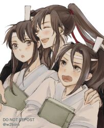 Rule 34 | 3boys, black hair, black hanfu, blush, book, brown eyes, brown hair, chinese clothes, closed eyes, hair ribbon, hand on another&#039;s shoulder, hanfu, headband, high ponytail, highres, holding, holding book, hug, hug from behind, lan jingyi, lan sizhui, long hair, long sleeves, male focus, modao zushi, multiple boys, open mouth, ponytail, red ribbon, ribbon, robe, sidelocks, simple background, smile, twitter username, upper body, w2biiro, watermark, wei wuxian, white background, white hanfu, white headband, xiao guan (headdress)