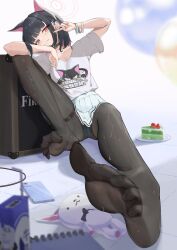 1girl absurdres animal_ears arm_on_knee black_hair black_pantyhose blue_archive blunt_bangs blurry cake cake_slice cat_ears cellphone chinese_commentary closed_mouth colored_inner_hair commentary_request depth_of_field feet food foot_focus foreshortening halo highres hiori_(user_fxcw3832) kazusa_(band)_(blue_archive) kazusa_(blue_archive) legs looking_at_viewer milk_carton multicolored_hair no_shoes official_alternate_costume panties pantyhose pantyshot phone pink_eyes pink_hair pink_halo pleated_skirt shirt short_hair sitting skirt smartphone smile soles solo speaker stuffed_animal stuffed_toy sweat thighband_pantyhose toes underwear v white_shirt