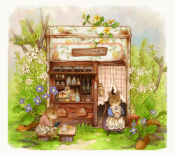 2girls animal animal_focus apron awning berry book border commentary cup curtains dress flower food furry grass holding jar leaf long_sleeves market_stall mogoshin mouse_(animal) mug multiple_girls nature original outdoors plant scenery shop sitting teacup white_border
