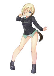 1girl absurdres bad_source black_boots black_hair black_jacket blonde_hair blue_eyes boots commentary_request contrapposto dog_tail erica_hartmann full_body gradient_hair green_shirt grin highres jacket looking_at_viewer military_uniform multicolored_hair no_pants one_eye_closed panties shirt short_hair simple_background smile solo strike_witches tail underwear v white_background white_panties world_witches_series yashin_(yasinz)
