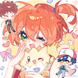 1girl 2boys :d ;d ? ^_^ ash_ketchum asymmetrical_hair backpack bag baseball_cap black_hair blush brock_(pokemon) brown_hair chibi closed_eyes gen_1_pokemon gen_2_pokemon green_eyes green_jacket hair_between_eyes hat heart holding jacket long_sleeves looking_at_viewer male_focus misty_(pokemon) multiple_boys nintendo one_eye_closed open_clothes open_jacket open_mouth orange_hair pants pikachu pokemon pokemon_(anime) pokemon_(classic_anime) pokemon_rgby ponytail psyduck shirt short_hair short_sleeves side_ponytail smile togepi white_shirt wink