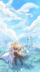 1boy 1girl absurdres aether_(genshin_impact) ahoge aqinorz bare_shoulders blonde_hair braid dress flower genshin_impact gloves hair_between_eyes hair_flower hair_ornament harp highres holding holding_harp instrument lumine_(genshin_impact) short_hair_with_long_locks siblings sidelocks skyward_harp_(genshin_impact) smile white_flower yellow_eyes