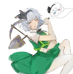 1girl absurdres black_bow black_bowtie black_hairband blue_eyes blush_stickers bow bowtie closed_eyes commentary cookie_(touhou) dress feet_out_of_frame green_dress grey_hair hairband hana_(skhgrandiflorus) heterochromia highres holding holding_pickaxe holding_shovel konpaku_youmu open_mouth pickaxe pinafore_dress red_eyes shirt short_hair short_sleeves shovel simple_background single_blush_sticker sleeveless sleeveless_dress smile solo touhou white_background white_shirt zerukalo_(cookie)