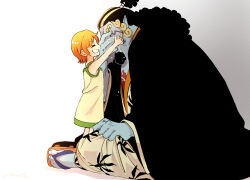 1boy 1girl ^_^ aged_down blue_skin chest_tattoo closed_eyes colored_skin commentary_request crying dress facial_hair geta goatee half_updo ink_(winkyinkywinky) japanese_clothes jinbe_(one_piece) kimono long_hair nami_(one_piece) one_piece orange_hair ponytail scar scar_on_face short_hair tattoo tears