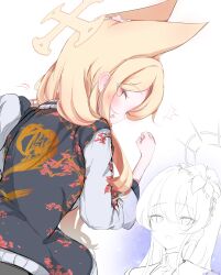 2girls alternate_costume animal_ears black_jacket blonde_hair blue_archive blush floral_print flower fox_ears fox_girl from_behind hair_between_eyes hair_flower hair_ornament halo highres jacket long_hair multiple_girls nagisa_(blue_archive) open_mouth pink_eyes sakurano_rocco seia_(blue_archive) sukajan upper_body white_sleeves yellow_halo