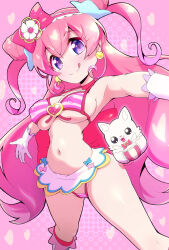 1girl :q armpits bare_shoulders big_hair bikini bow bow_skirt breasts cameltoe choker closed_mouth covered_erect_nipples cure_precious curly_hair delicious_party_precure dotted_background double_bun earrings feet_out_of_frame flower front-tie_bikini_top front-tie_top gloves hair_between_eyes hair_bow hair_bun hair_flower hair_ornament hairband halterneck heart highres jewelry kome-kome large_breasts legs_apart long_hair looking_at_viewer microskirt nagomi_yui narrow_waist navel outstretched_arms pink_background pink_bow pink_hair pink_stripes precure purple_eyes red_choker ryuuta_(cure_ryuuta) sidelocks skindentation skirt smile solo standing strap_gap string_bikini striped_bikini striped_clothes swimsuit tongue tongue_out two_side_up underboob white_flower white_gloves white_stripes