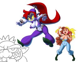 1boy 2girls absurdres bandana breasts brown_hair captain_syrup cleavage colored_skin covered_navel earrings eyeshadow highres jewelry long_hair makeup mario_(series) minuspal multiple_girls nega-shantae nintendo open_mouth orange_eyes pirate purple_skin red_hair shantae_(series) super_mario_bros._1 wario wario_land