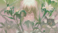1other androgynous cangchen chain closed_eyes derivative_work enkidu_(fate) fate/grand_order fate_(series) flower gradient_background green_hair highres light_particles lily_(flower) long_hair one_eye_covered other_focus photo-referenced pink_background sample_watermark shirt smelling smelling_flower solo straight-on upper_body watermark white_background white_shirt
