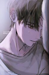 1boy adam&#039;s_apple brown_eyes brown_hair eyes_visible_through_hair gaebok_jing grey_background grey_shirt hair_over_one_eye highres looking_down male_focus nose original parted_lips portrait shirt short_hair simple_background solo teeth wet