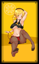 1girl absurdres alisa_ilinichina_amiella alisa_ilinichina_amiella_(cosplay) arm_behind_head arm_up armpits barefoot beret blonde_hair blush breasts cookin cosplay cropped_vest drill_hair god_eater hat highres long_hair mahou_shoujo_madoka_magica no_shoes panties panties_under_pantyhose pantyhose plaid_clothes plaid_skirt presenting_armpit skirt smile soles solo strap_slip suspender_skirt suspenders suspenders_slip thighband_pantyhose tomoe_mami twin_drills twintails underboob underwear vest yellow_eyes