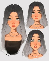 Rule 34 | 1girl, black hair, black shirt, collarbone, crop top, earrings, expressionless, gradient hair, green eyes, grey hair, highres, jewelry, lipstick, looking at viewer, makeup, multicolored hair, multiple views, open mouth, original, portrait, pout, sam yang, shirt, silver necklace, surprised, teeth, upper teeth only, wide-eyed