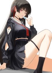 1girl absurdres black_hair black_serafuku black_shoes black_skirt black_socks blunt_bangs blunt_sidelocks bright_pupils chisa_(wuthering_waves) commentary food hair_ribbon highres hime_cut holding holding_food holding_popsicle long_hair long_sleeves looking_at_viewer looking_to_the_side neckerchief neimu_(neimuru) pleated_skirt popsicle red_eyes red_neckerchief red_ribbon ribbon sailor_collar school_uniform serafuku shoes sidelocks skirt socks solo tacet_mark_(wuthering_waves) thigh_strap tongue tongue_out white_pupils white_sailor_collar wuthering_waves