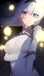 1girl arm_under_breasts black_hairband bodysuit breasts firefly_(ar-26710)_(honkai:_star_rail) firefly_(honkai:_star_rail) grey_hair hair_between_eyes hair_ornament hairband highres holding_own_arm honkai:_star_rail honkai_(series) large_breasts long_hair looking_at_viewer mikazuk05304543 official_alternate_costume open_mouth solo white_bodysuit