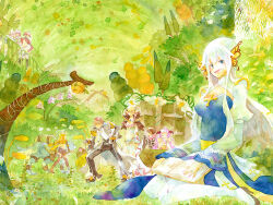 Rule 34 | 4boys, 4girls, arch bishop (ragnarok online), armor, black boots, black gloves, black pants, black shirt, blonde hair, blue dress, blue eyes, blush, book, boots, brown hair, brown shoes, butterfly wings, chain, cleavage cutout, closed eyes, closed mouth, clothing cutout, coat, commentary request, cross, dress, full body, fur collar, gloves, grass, green hair, grey coat, guillotine cross (ragnarok online), head wings, high heels, high ponytail, holding, holding book, insect wings, juliet sleeves, loki (ragnarok online), long hair, long sleeves, mechanic (ragnarok online), multiple boys, multiple girls, nidhoggr (ragnarok online), official alternate costume, open book, open clothes, open coat, open mouth, painting (medium), pants, pauldrons, pink hair, pink scarf, ponytail, poring, puffy sleeves, ragnarok online, ranger (ragnarok online), red armor, red hair, sansaro, sash, scarf, shadow chaser (ragnarok online), shirt, shoes, short hair, shoulder armor, sleeveless, sleeveless dress, slime (creature), smile, sorcerer (ragnarok online), textless version, thighhighs, traditional media, tree, two-tone dress, warlock (ragnarok online), watercolor (medium), white dress, white hair, white shirt, white thighhighs, wings, wolf, yellow sash, yellow scarf, yellow wings