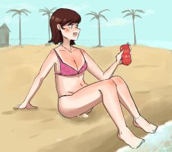 1girl anklet arm_support barefoot beach bikini bikini_tan blush breasts brown_eyes brown_hair can chain-link_fence cleavage cloud collarbone drink drink_can fence floral_print here4thefun holding holding_drink jewelry looking_to_the_side medium_breasts navel necktie ocean open_mouth original palm_tree peeing peeing_self pink_bikini print_bikini puddle sand short_hair sitting sky smile soaking_feet soda soda_can star_(symbol) swimsuit tan tanline teeth tree water wet