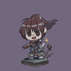 Rule 34 | 1girl, :d, armor, bird, blue shirt, brown eyes, brown hair, brown scarf, chainmail, chibi, chibi only, cosplay request, crow, grey pants, hakka (ariel0104), holding, holding sword, holding weapon, kumazaki karen, long hair, open mouth, pants, ponytail, purple background, saibou shinkyoku, scarf, shirt, simple background, smile, solo, sword, v-shaped eyebrows, weapon