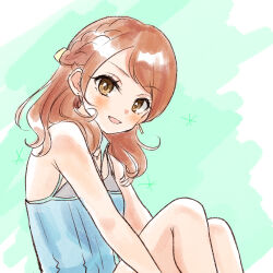 Rule 34 | 1girl, :d, bare arms, bare shoulders, blue camisole, blush, braid, brown eyes, brown hair, camisole, earrings, feet out of frame, green background, highres, hojo karen, idolmaster, idolmaster cinderella girls, idolmaster cinderella girls starlight stage, jewelry, knees up, long hair, looking at viewer, looking to the side, open mouth, rino cnc, sitting, smile, solo, two-tone background, white background
