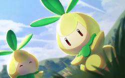 blurry brown_eyes cloud commentary_request creatures_(company) day closed_eyes game_freak gen_5_pokemon grass naoki_eguchi nintendo no_humans outdoors petilil pokemon pokemon_(creature) sky