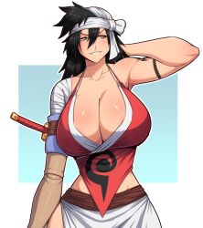 Rule 34 | 1girl, absurdres, amputee, bandaged head, bandages, black hair, bleach, blue eyes, braid, breasts, cleavage, front braid, highres, huge breasts, large breasts, long hair, looking at viewer, prosthesis, prosthetic arm, shiba kuukaku, simmsy, smile, solo, tattoo