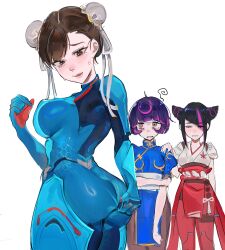 Rule 34 | 3girls, absurdres, ass, black hair, blue bodysuit, bodysuit, breasts, brown eyes, brown hair, capcom, chun-li, chun-li (cosplay), clothes swap, colored bangs, cosplay, costume switch, crossover, han juri, highres, huge ass, juno (overwatch), juno (overwatch) (cosplay), kiriko (overwatch), kiriko (overwatch) (cosplay), large breasts, multicolored hair, multiple girls, overwatch, overwatch 2, pink eyes, purple eyes, purple hair, street fighter, street fighter 6, usio 0w0
