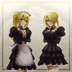 2girls beelzebub_(manga) blonde_hair braid breasts choker dangerousbride dress gloves green_eyes hilda_(beelzebub) large_breasts maid maid_headdress multiple_girls siblings sisters smile tagme yolda_(beelzebub)