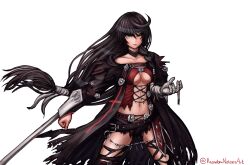 1girl absurdres artist_name bandaged_arm bandages black_choker black_hair braid breasts choker collarbone cowboy_shot hair_between_eyes highres looking_at_viewer medium_breasts navel pointy_ears randomnoisesart shorts solo standing tales_of_(series) tales_of_berseria thighhighs thighs torn_clothes torn_shorts torn_thighhighs transparent_background underboob velvet_crowe yellow_eyes