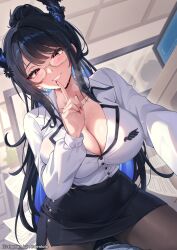 1girl ardenlolo black_hair black_skirt blue_hair breasts cleavage colored_inner_hair commentary demon_horns english_commentary finger_to_mouth glasses highres hololive hololive_english horns index_finger_raised long_hair looking_at_viewer mole mole_under_eye multicolored_hair nail_polish nerissa_ravencroft nerissa_ravencroft_(casual) office_lady official_alternate_costume pantyhose pencil_skirt red_eyes red_nails shirt shushing skirt smile solo thighhighs virtual_youtuber white_shirt