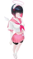 1girl absurdres angel_wings bandaid bandaid_on_face bandaid_on_nose bike_shorts black_hair black_shorts blunt_bangs bob_cut choker colored_inner_hair cropped_shirt detached_wings dongxiong frilled_headwear full_body halo highres looking_at_viewer maid_headdress midriff miniskirt multicolored_hair neckerchief original pink_choker pink_eyes pink_hair pink_neckerchief pink_sailor_collar pink_skirt pleated_skirt sailor_collar sailor_shirt school_uniform serafuku shirt shoes short_hair short_sleeves shorts shorts_under_skirt simple_background skirt socks solo two-tone_hair uwabaki white_background white_headdress white_shoes white_socks wings
