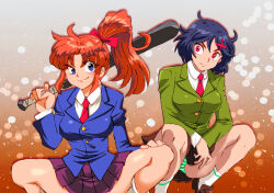 Rule 34 | 2girls, black hair, blue eyes, bow, jacket, kunio-kun series, kyoko (kunio-kun), long hair, misako (kunio-kun), multiple girls, onnaski, orange hair, panties, ponytail, red bow, river city girls, river city girls zero, shoes, short hair, skirt, socks, underwear