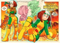 1boy 1girl absurdres ass bodysuit boku_no_hero_academia boots breasts brown_eyes brown_hair brown_jacket closed_mouth cosplay cropped_jacket english_text gambit gambit_(cosplay) gloves green_bodysuit green_headband headband highres jack-o&#039;-lantern jacket marvel medium_breasts midoriya_izuku multicolored_hair multiple_views rogue_(x-men) smile sonchapo speech_bubble superhero_costume thigh_boots two-tone_bodysuit two-tone_hair uraraka_ochako white_hair x-men yellow_bodysuit yellow_gloves