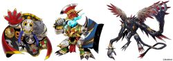 Rule 34 | armor, axe, black bodysuit, blue fire, bodysuit, cape, digimon, digimon (creature), dijiangmon, dual wielding, fire, green armor, holding, holding shield, lianpumon, mask, official art, ofuda, red cape, sharp teeth, shield, simple background, spikes, teeth, unworn mask, xingtianmon