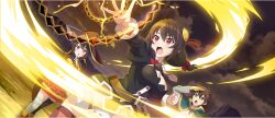 Rule 34 | 1boy, 2girls, :o, arm up, asymmetrical legwear, bandaged leg, bandages, belt, black cape, black dress, black gloves, black thighhighs, boots, bow, breasts, brown belt, brown hair, cape, casting spell, cleavage, cleavage cutout, clenched hand, clothing cutout, cloud, dot nose, dress, dutch angle, fingerless gloves, game cg, gloves, green cape, green eyes, hair bow, hair ornament, hand on own chin, highres, kono subarashii sekai ni shukufuku wo!, konosuba! fantastic days, lightning, magic, medium breasts, medium hair, megumin, mismatched legwear, multiple girls, necktie, official art, open mouth, outdoors, outstretched arm, pink necktie, red boots, red bow, red dress, red eyes, red ribbon, ribbon, satou kazuma, shirt, short hair with long locks, single thighhigh, thighhighs, third-party source, white shirt, yunyun (konosuba)