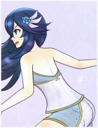 Rule 34 | 1girl, ahoge, armpits, ass, back, bare arms, bare legs, bare shoulders, blue eyes, blue hair, boyshort panties, bride, camisole, female focus, fighting stance, fire emblem, fire emblem awakening, fire emblem warriors, flat chest, floating hair, from behind, gameplay mechanics, hair ornament, happy, highres, intelligent systems, leaning forward, long hair, looking ahead, lucina (fire emblem), matching hair/eyes, matching underwear, neck, nintendo, official alternate costume, official underwear, open mouth, outstretched arms, pale skin, panties, print camisole, print panties, profile, purple background, raydango, short shorts, shorts, sidelocks, signature, simple background, spread arms, standing, strapless camisole, thighs, underwear, underwear only, unworn clothes, v-shaped eyebrows, white camisole, white panties