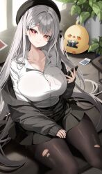 1girl absurdres azur_lane beret black_hat black_pantyhose black_skirt breast_pocket breasts cellphone closed_mouth collared_shirt cross-shaped_pupils grey_hair hat highres holding holding_phone indoors large_breasts long_hair long_sleeves looking_at_viewer manjuu_(azur_lane) official_alternate_costume pantyhose phone pocket red_eyes sayan school_uniform scylla_(azur_lane) scylla_(femme_fatale_fresher)_(azur_lane) shirt sitting skirt smartphone smile solo symbol-shaped_pupils torn_clothes torn_pantyhose white_shirt