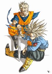 Rule 34 | 2boys, amputee, black pants, black shirt, blue jacket, blue pants, blue sash, dougi, dragon ball, dragonball z, full body, highres, holding, holding sword, holding weapon, jacket, kakeru (dbskakeru), long hair, male focus, multiple boys, open clothes, open jacket, orange pants, orange shirt, pants, red eyes, sash, scar, scar across eye, scar on face, shirt, short hair, son gohan (future), spiked hair, super saiyan, super saiyan 1, sword, trunks (dragon ball), trunks (future) (dragon ball), weapon