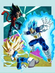 abs bare_arms bare_shoulders black_hair blonde_hair body_fur clenched_hand dragon_ball dragon_ball_daima dragon_ball_gt dragon_ball_super fighting_stance green_eyes highres male_focus metabooon25 monkey_boy monkey_tail muscular muscular_male no_shirt open_mouth pants simple_background spiked_hair super_saiyan super_saiyan_3 super_saiyan_4 super_saiyan_blue_evolved tail teeth topless_male vegeta