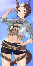 1girl absurdres animal_ears aqua_necktie aqua_sleeves belt black_shorts blue_eyes blue_sky breasts brown_belt brown_hair brown_shirt cloud collarbone collared_shirt commentary cowboy_shot day ear_ornament ear_piercing eros_no_kami flexing groin hand_on_own_hip highres horse_ears horse_girl horse_tail jacket large_breasts looking_at_viewer mejiro_ryan_(umamusume) midriff multicolored_hair navel necktie open_clothes open_jacket piercing shirt short_hair short_shorts shorts sidelocks sky smile smirk solo standing tail teeth thigh_belt thigh_strap tied_shirt two-tone_hair umamusume white_hair white_jacket