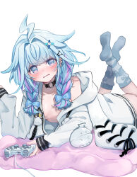1girl ahoge blue_eyes blue_hair blush braid choker hair_ornament hairclip highres hololive hololive_dev_is hood hoodie looking_at_viewer lossko mizumiya_su multicolored_hair no_bra no_shirt playstation_controller purple_hair simple_background sleeves_past_wrists socks solo streaked_hair twin_braids virtual_youtuber white_background