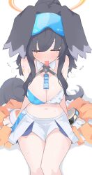 1girl :p absurdres animal_ears black_hair blue_archive blue_skirt breasts character_name cleavage closed_eyes clothes_writing dog_ears dog_girl dog_tail eyewear_on_head floppy_ears halo hibiki_(blue_archive) hibiki_(cheer_squad)_(blue_archive) highres large_breasts midriff mikozin millennium_cheerleader_outfit_(blue_archive) navel official_alternate_costume orange_halo pom_pom_(cheerleading) sitting skirt solo sunglasses sweat tail thighs tongue tongue_out two-tone_skirt white_skirt