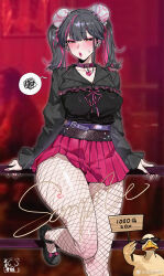 1girl absurdres b.sa_(bbbs) belt bird black_hair black_shirt blush breasts choker collar double_bun ear_piercing eyeshadow fishnet_pantyhose fishnets hair_bun heart highres jewelry large_breasts looking_at_viewer makeup multicolored_hair original pantyhose piercing pink_hair pink_skirt pleated_skirt shirt skirt solo spoken_squiggle squiggle thick_thighs thighs twintails yellow_eyes