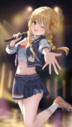 1girl absurdres blonde_hair blue_jacket blue_skirt blurry blush bokeh braided_twintails brown_shoes collared_shirt commentary concert crop_top cropped_jacket cropped_shirt depth_of_field english_commentary fang foot_up fujita_kotone gakuen_idolmaster hand_up highres holding holding_microphone idolmaster jacket kukeylove linea_alba long_hair looking_at_viewer microphone miniskirt multicolored_jacket navel necktie one_eye_closed open_clothes open_jacket open_mouth outstretched_arm pleated_skirt reaching reaching_towards_viewer red_necktie shirt shoes short_necktie skin_fang skirt smile socks solo standing stomach unbuttoned white_jacket white_shirt white_socks wing_collar yellow_eyes