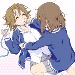 2girls blue_jacket blue_ribbon blush brown_hair closed_eyes commentary english_commentary finger_gun gradient_background grey_skirt grin hairband highres hirasawa_yui jacket k-on! medium_hair multiple_girls pleated_skirt ribbon sakuragaoka_high_school_uniform school_uniform shaofangziran shirt short_hair skirt smile straddling tainaka_ritsu white_background white_shirt yellow_hairband yuri