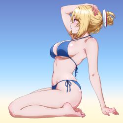 1girl absurdres aki_rosenthal alternate_costume arm_support armpit_crease barefoot bikini blonde_hair blue_background blue_bikini breasts collarbone feet from_side full_body gradient_background green_nails hair_between_eyes hand_on_own_head highres hololive large_breasts legs micro_bikini nail_polish p-nekoe parted_lips pink_nails purple_eyes seiza side-tie_bikini_bottom sitting skindentation soles solo swimsuit thighs toes virtual_youtuber