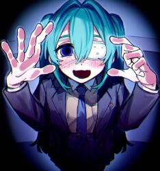 1girl black_jacket blue_eyes blue_hair blue_necktie blush collared_shirt commentary english_commentary eyepatch fisheye freckles hair_between_eyes hatsune_miku jacket long_hair long_sleeves looking_at_viewer medical_eyepatch monitoring_(vocaloid) necktie open_clothes open_jacket open_mouth pov_peephole shirt sidelocks skirt solo tsu_(lovesick1964) vocaloid