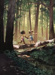 1boy 1girl black_hair brown_hair commentary dappled_sunlight day dirt english_commentary foliage forest fruiitlins highres holding_hands nature original outdoors plant scenery shirt short_hair standing stream sunlight tree tree_trunk_bridge walking water
