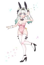 1girl animal_ears black_hairband black_ribbon black_shoes blush blush_stickers breasts cleavage covered_navel eeeeekyawaiii firefly_(honkai:_star_rail) frilled_hairband frilled_thighhighs frilled_wrist_cuffs frills gradient_hair green_pupils grey_hair hair_between_eyes hair_intakes hair_ornament hair_ribbon hairband heart highres honkai:_star_rail honkai_(series) large_breasts leotard long_hair multicolored_eyes multicolored_hair open_mouth pink_leotard playboy_bunny rabbit_ears ribbon shoes simple_background smile solo sweatdrop thighhighs twintails white_background white_thighhighs white_wrist_cuffs wrist_cuffs