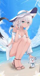1girl animal_ears beach bikini black_sandals blue_sky breasts cloud day finger_heart fox_ears fox_girl fox_tail full_body hat high_heels highres hololive inkeror long_hair looking_at_viewer medium_breasts ocean outdoors platform_sandals sandals shirakami_fubuki sky smile solo squatting strappy_heels sun_hat swimsuit tail toes virtual_youtuber white_bikini white_hat