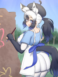 1girl animal_ears apron blue_eyes blush breasts empty_eyes full_body gloves grey_hair hat highres holding horse_ears horse_girl horse_tail kemono_friends large_breasts long_hair looking_at_viewer mo23 multicolored_hair open_mouth paintbrush painting_(action) pantyhose ponytail shirt skirt solo tail tarpan_(kemono_friends) white_pantyhose